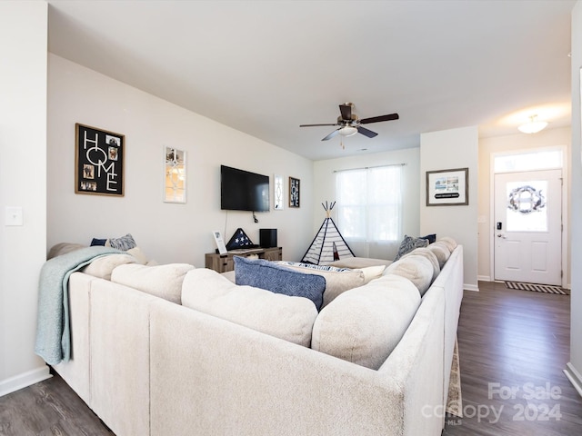 living room with ceiling fan and dark hardwood / wood-style flooring