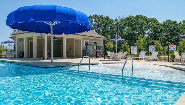 view of swimming pool featuring pool water feature and a patio area