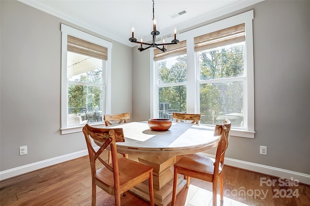 dining room featuring a notable chandelier, a wealth of natural light, and light hardwood / wood-style flooring