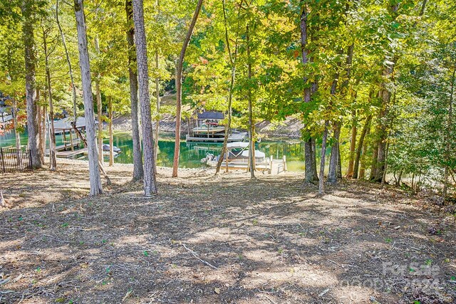 view of yard with a boat dock and a water view