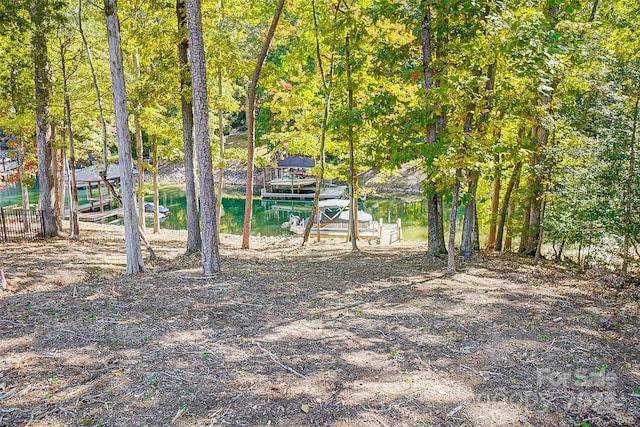 view of yard with a water view and a dock