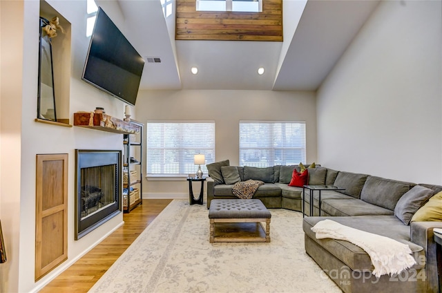 living room with wood-type flooring and lofted ceiling