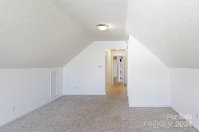 additional living space featuring a textured ceiling, lofted ceiling, and light colored carpet