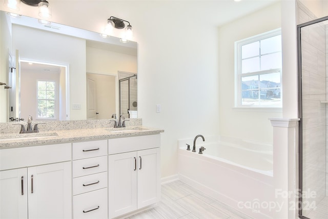 bathroom with vanity and independent shower and bath