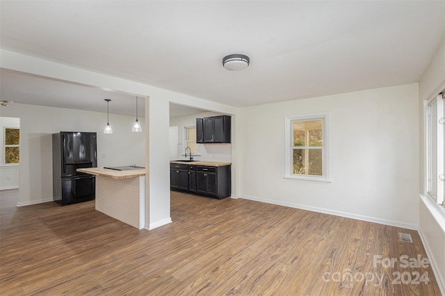 kitchen with sink, hanging light fixtures, wood-type flooring, and black fridge