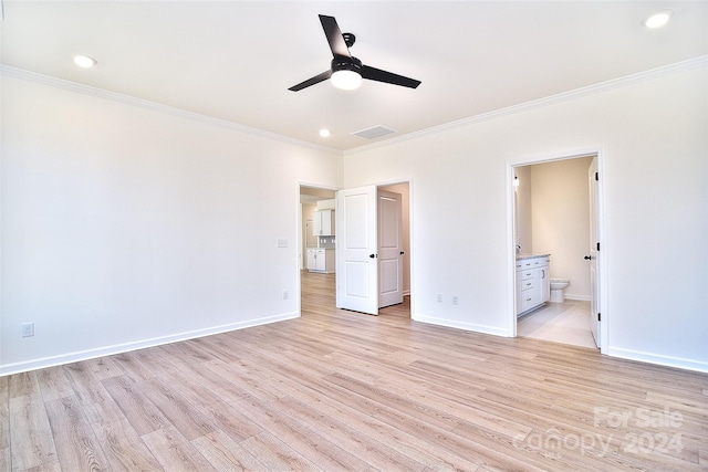 unfurnished bedroom with ornamental molding, ensuite bathroom, light hardwood / wood-style floors, and ceiling fan