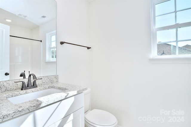 bathroom featuring vanity, toilet, and walk in shower