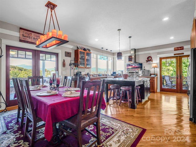 dining area with sink, french doors, light wood-type flooring, and plenty of natural light