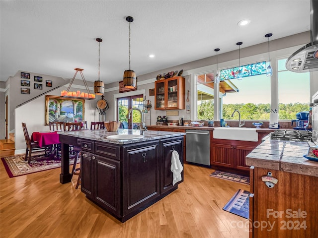 kitchen featuring light hardwood / wood-style floors, a healthy amount of sunlight, appliances with stainless steel finishes, and a center island with sink