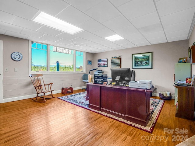 home office with a drop ceiling and hardwood / wood-style floors