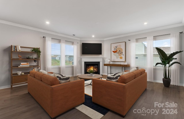 living room with dark wood-type flooring, plenty of natural light, and ornamental molding