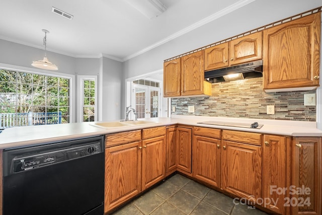 kitchen with sink, dishwasher, backsplash, hanging light fixtures, and crown molding