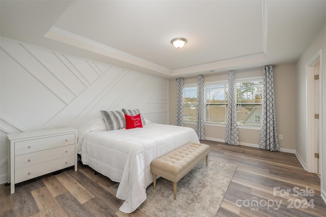 bedroom featuring wood-type flooring and a raised ceiling