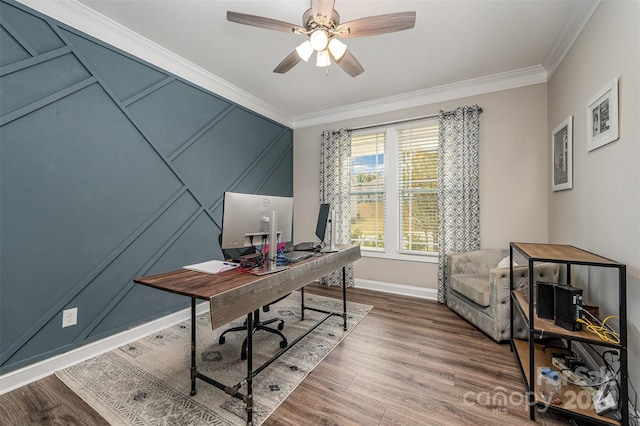 office area with ornamental molding, hardwood / wood-style floors, and ceiling fan