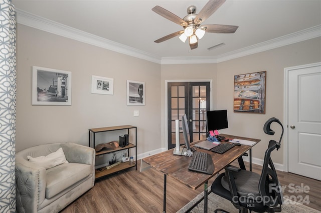 office space with ornamental molding, french doors, and dark wood-type flooring