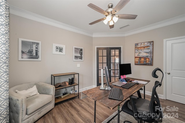 3057 Burnello Ct, Iron Station, NC 28080 - office space featuring crown molding, wood finished floors, a ceiling fan, baseboards, and french doors