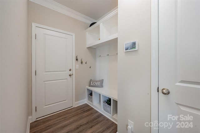 3057 Burnello Ct, Iron Station, NC 28080 - mudroom with ornamental molding, dark wood-type flooring, and baseboards