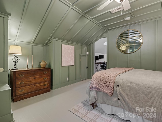 bedroom featuring vaulted ceiling and ceiling fan