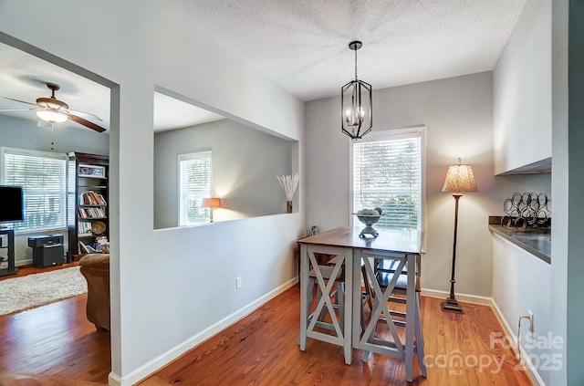 dining space with hardwood / wood-style floors, a textured ceiling, and a wealth of natural light