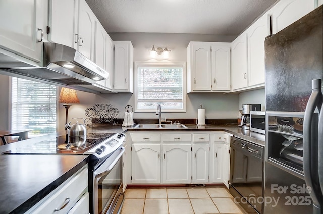 kitchen with white cabinetry, sink, ventilation hood, light tile patterned floors, and black appliances