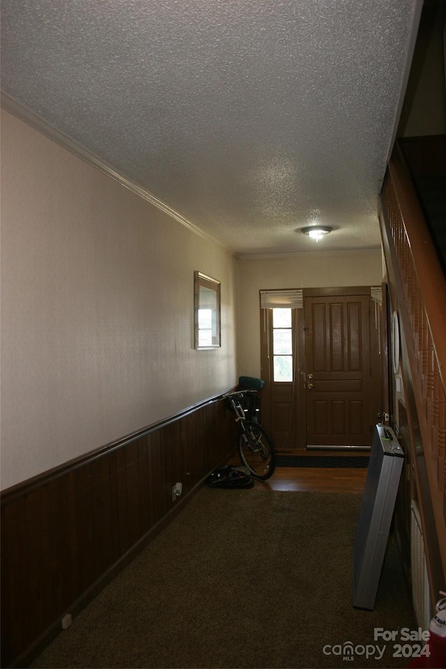 316 N Government St, Lincolnton, NC 28092 - foyer entrance featuring crown molding, wood walls, a textured ceiling, and dark colored carpet