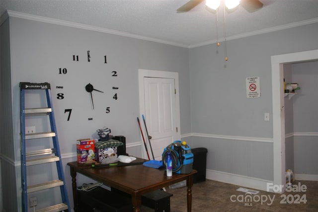 316 N Government St, Lincolnton, NC 28092 - home office featuring ornamental molding, a textured ceiling, and ceiling fan