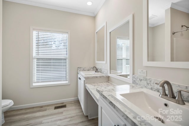 1663 Williamson Creek Rd, Pisgah Forest, NC 28768 - bathroom featuring ornamental molding, toilet, wood finished floors, double vanity, and baseboards