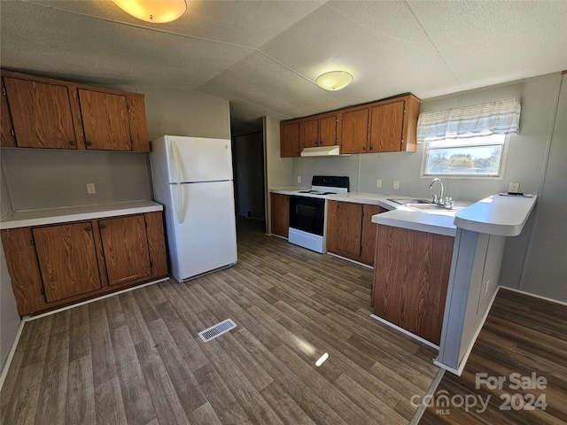 kitchen featuring white appliances, sink, dark hardwood / wood-style flooring, kitchen peninsula, and lofted ceiling