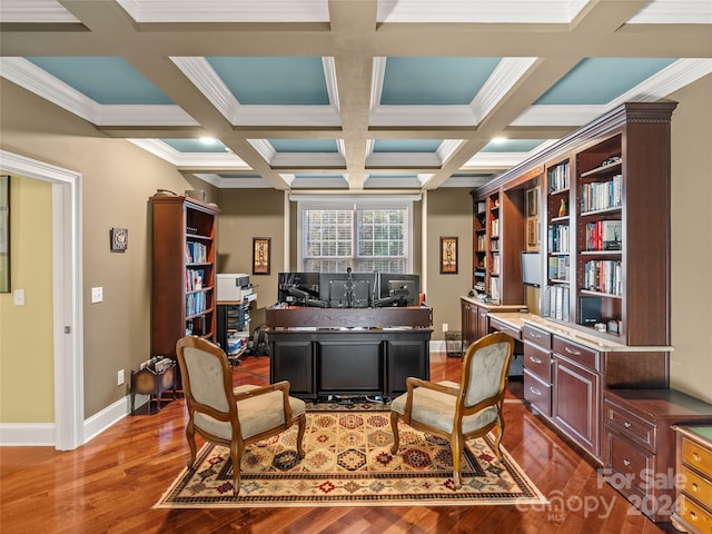 home office featuring beam ceiling, hardwood / wood-style flooring, and coffered ceiling