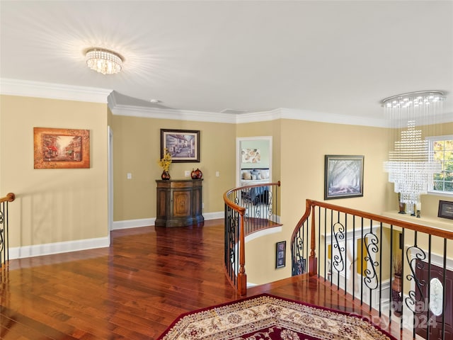 hallway featuring crown molding, dark hardwood / wood-style flooring, and a chandelier