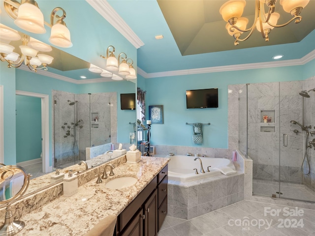 bathroom with vanity, crown molding, plus walk in shower, and a chandelier