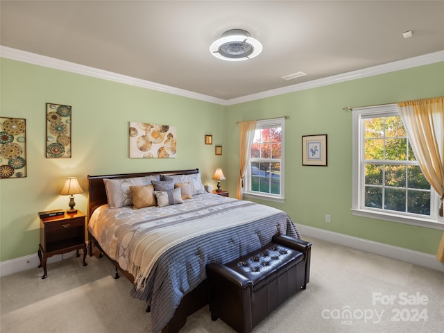 carpeted bedroom featuring multiple windows and ornamental molding