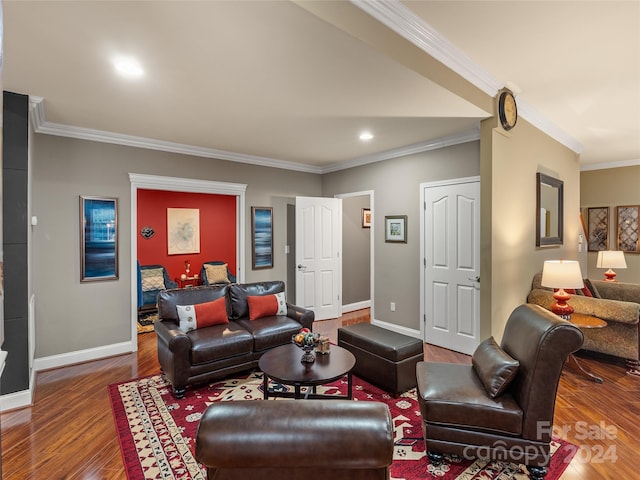 living room featuring hardwood / wood-style floors and ornamental molding