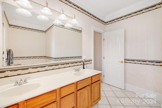 bathroom with vanity, tile patterned floors, and ornamental molding