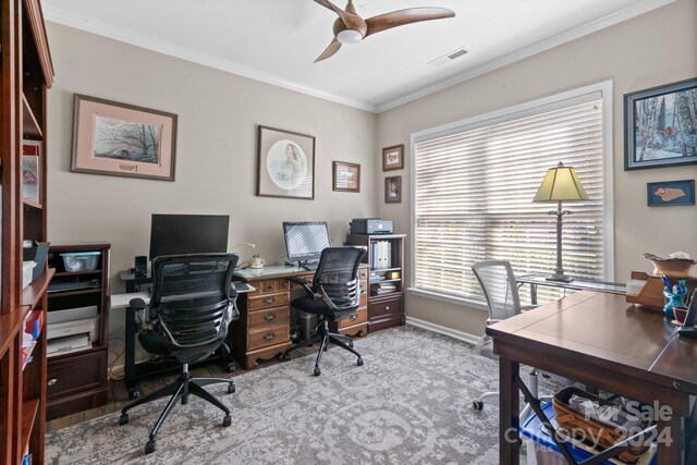 office featuring crown molding and ceiling fan