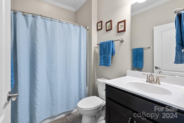 bathroom with vanity, toilet, ornamental molding, and a shower with curtain