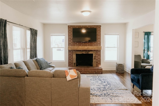 living room with a fireplace, plenty of natural light, and wood-type flooring