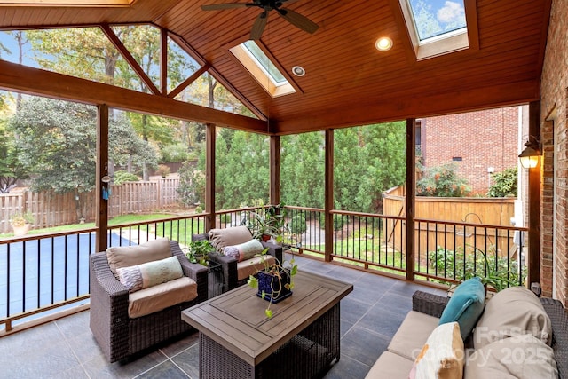 sunroom / solarium with wood ceiling, ceiling fan, and vaulted ceiling with skylight