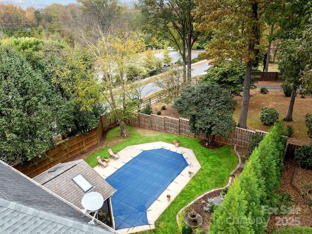 view of swimming pool featuring a patio area and a lawn