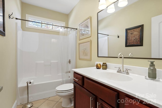 full bathroom with vanity, shower / tub combo, toilet, and tile patterned floors