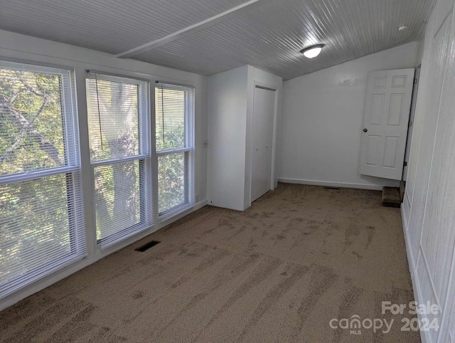 spare room with light carpet and lofted ceiling