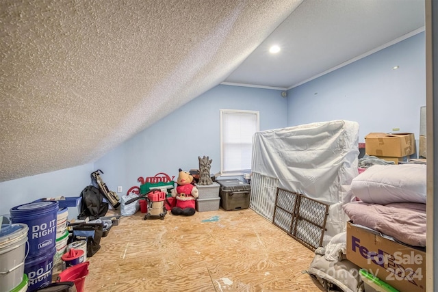 interior space with lofted ceiling and a textured ceiling