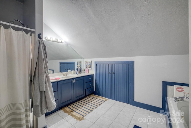 bathroom featuring vanity, a textured ceiling, lofted ceiling, and plus walk in shower