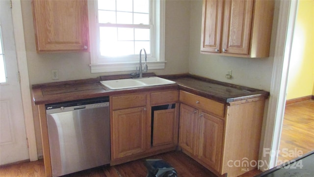 kitchen with dark hardwood / wood-style floors, stainless steel dishwasher, and sink