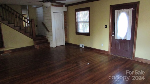 foyer entrance featuring dark hardwood / wood-style floors, ceiling fan, and a wealth of natural light