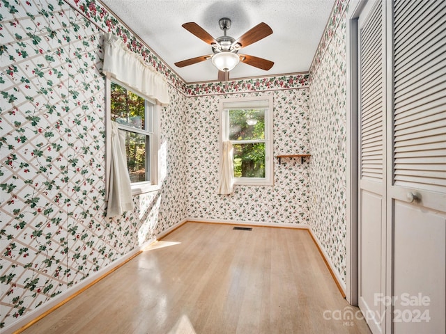 empty room featuring light hardwood / wood-style floors, a textured ceiling, and plenty of natural light