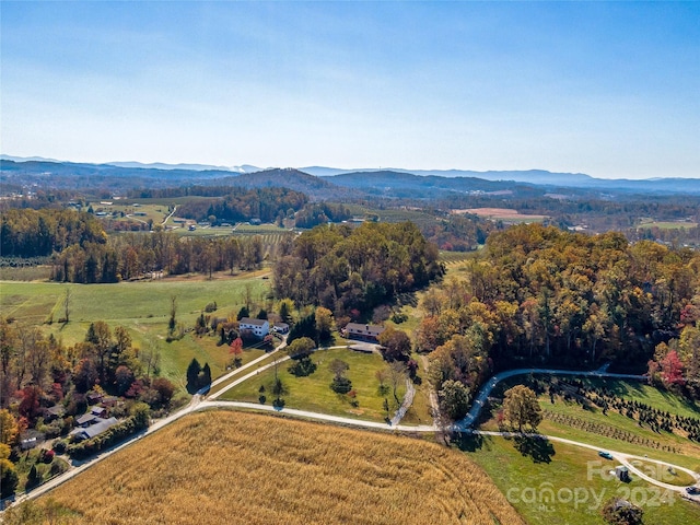 aerial view featuring a rural view and a mountain view