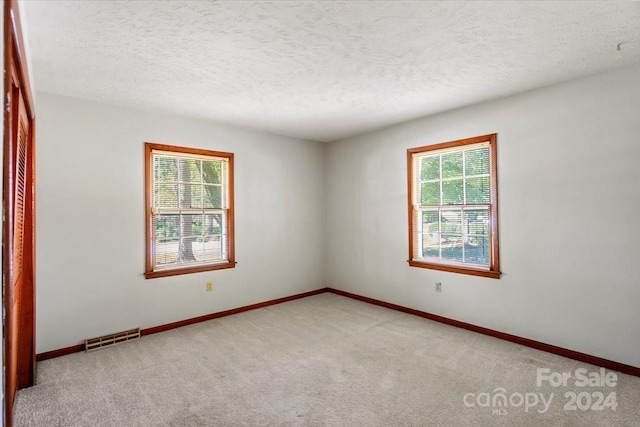 spare room with light carpet and a textured ceiling