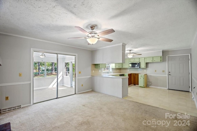 kitchen with light carpet, kitchen peninsula, a textured ceiling, and ornamental molding