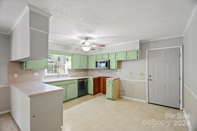 kitchen with black dishwasher, ornamental molding, green cabinetry, a textured ceiling, and ceiling fan